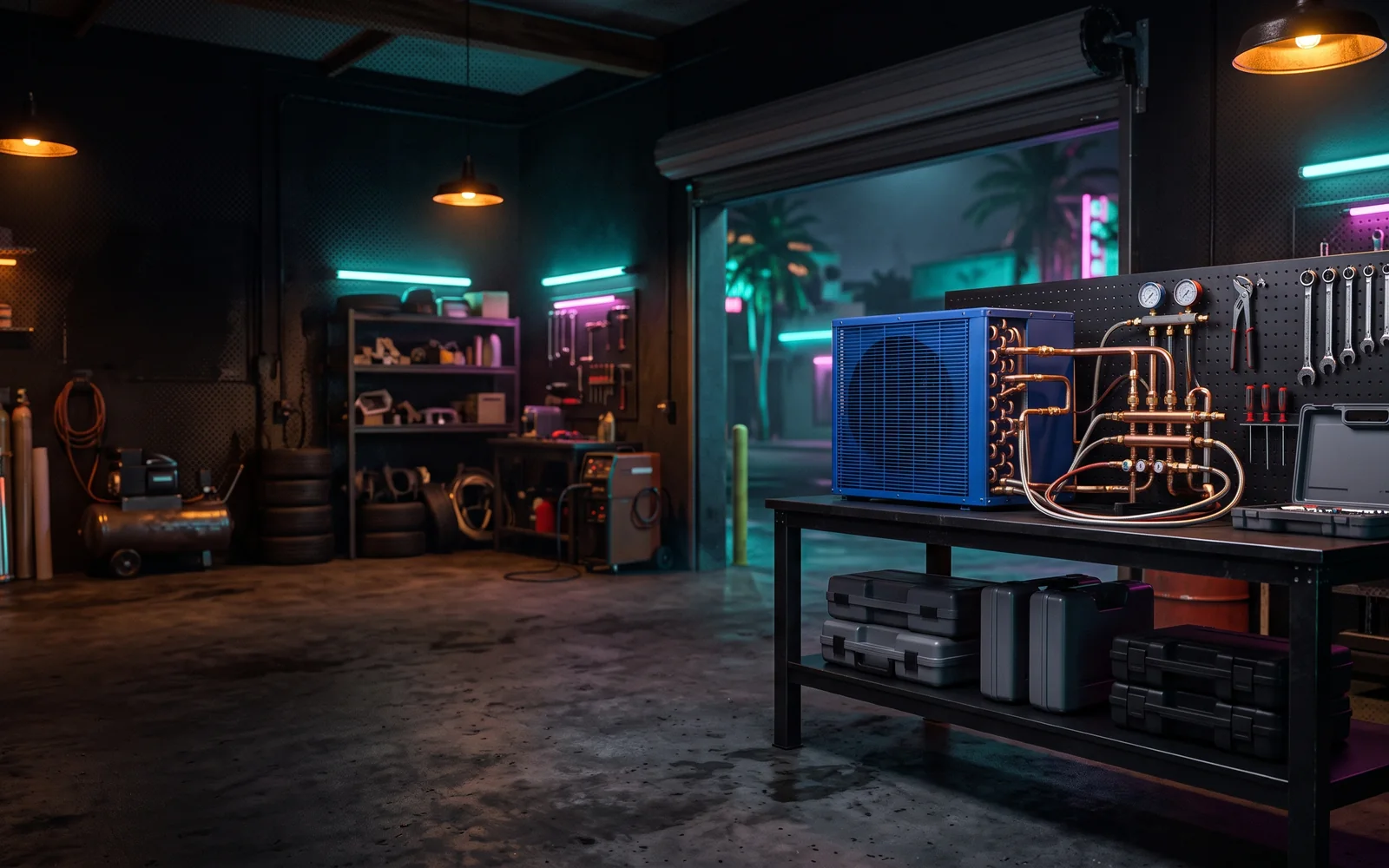 Generated neon mechanical garage with HVAC equipment and chrome tools