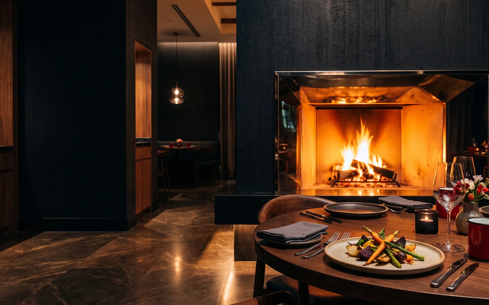 Generated dark coastal restaurant glowing with molten amber hearth light