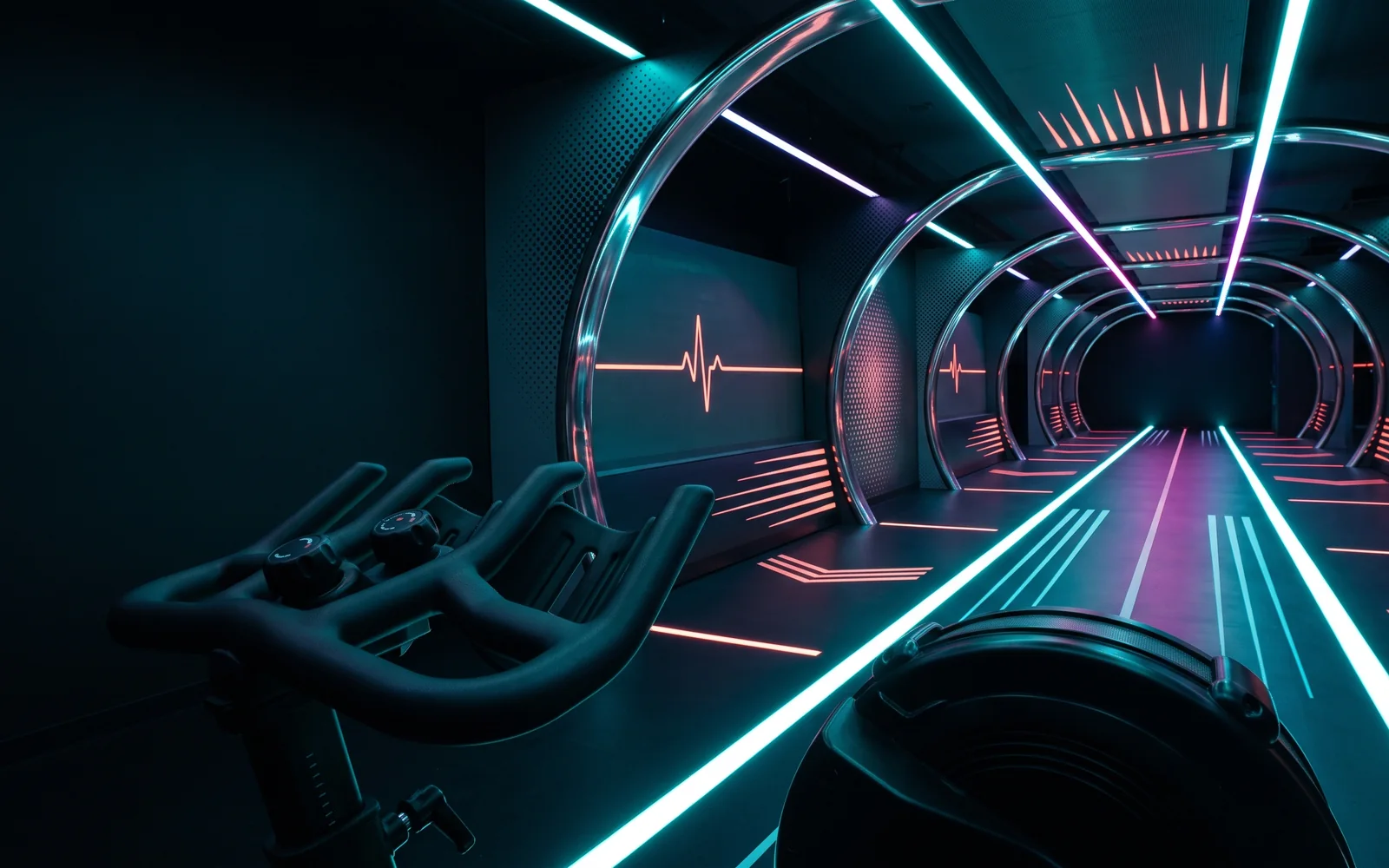 Generated rider point-of-view cycling studio inside a neon city environment