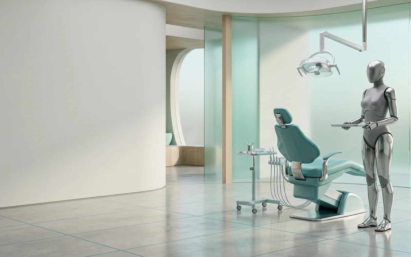 Generated android dental studio with a chrome assistant and clinical chair