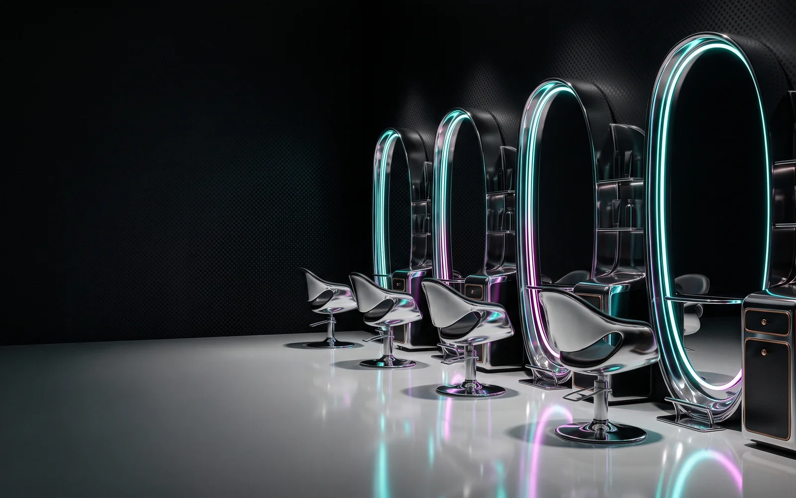 Generated mirror-chrome salon studio with sculptural chairs and neon rim light
